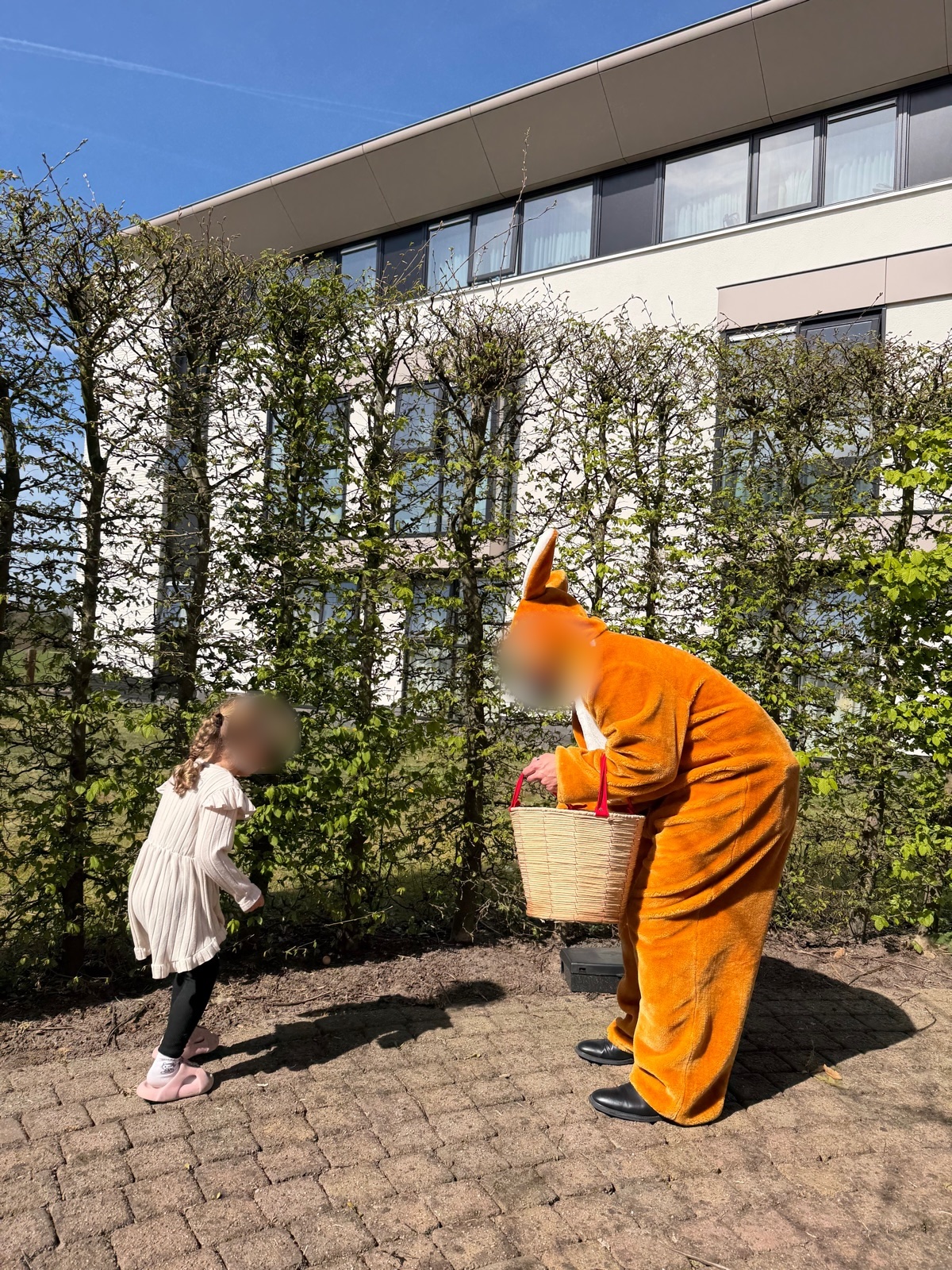 Een meisje zoekt paaseieren samen met de paashaas (gezichten vervaagd)